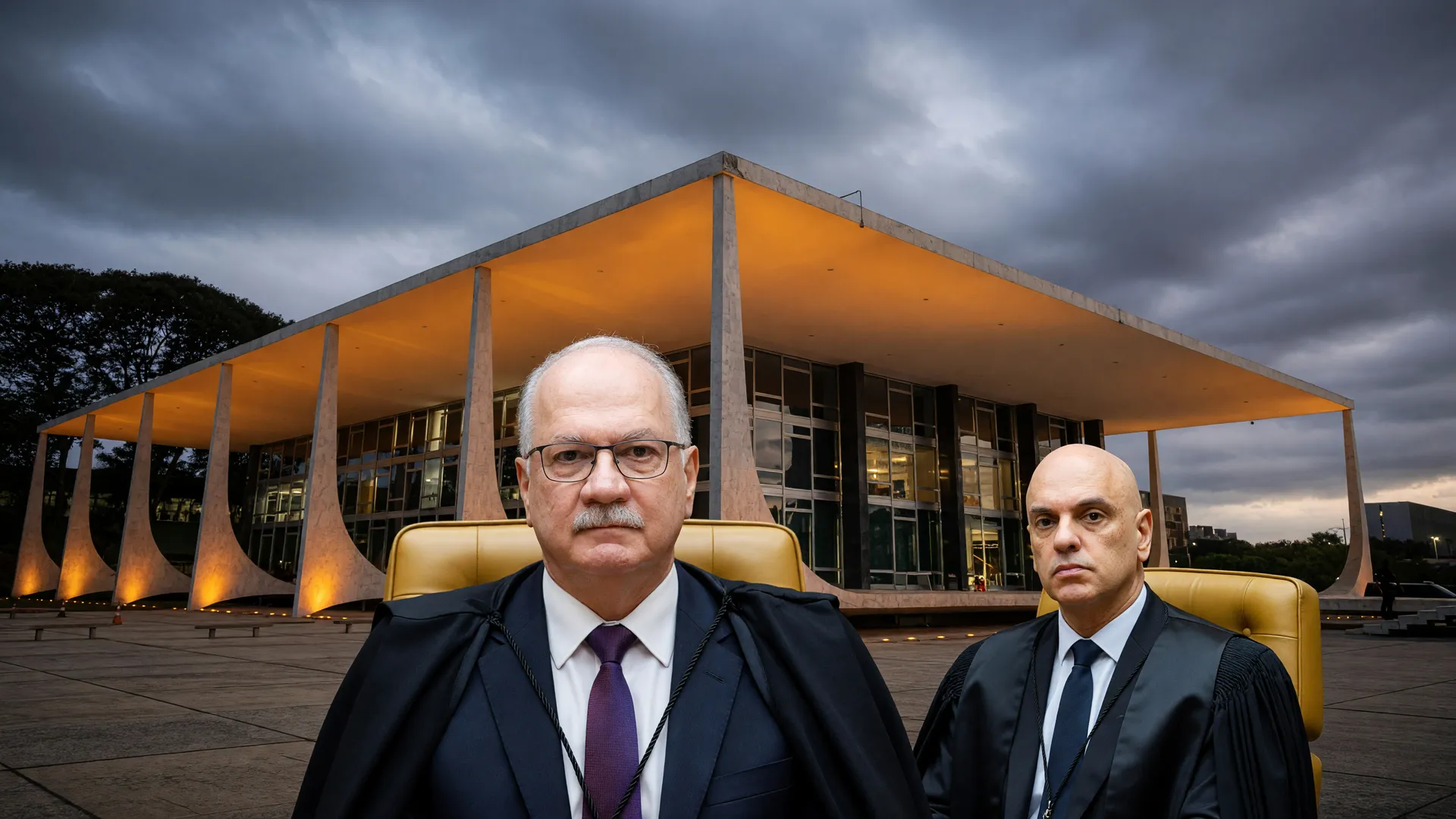 Edson Fachin e Alexandre de Moraes em crise institucional no STF, com fachada dramática ao entardecer