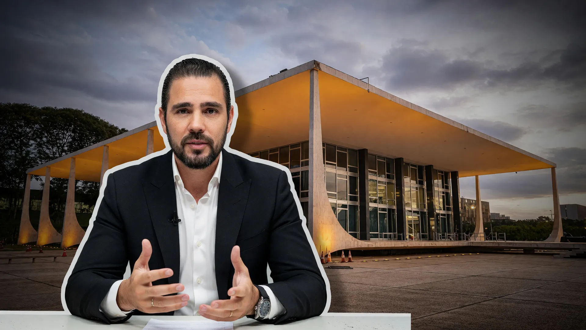 Daniel Vorcaro diante do STF ao entardecer — delação premiada fundador da Reag chega à Corte Suprema