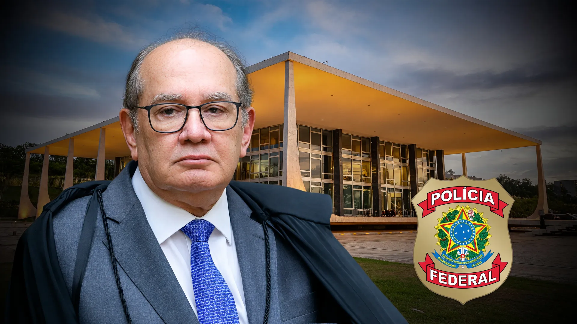 Gilmar Mendes em retrato oficial diante do STF ao entardecer, com brasão da PF — delegados da PF no STF