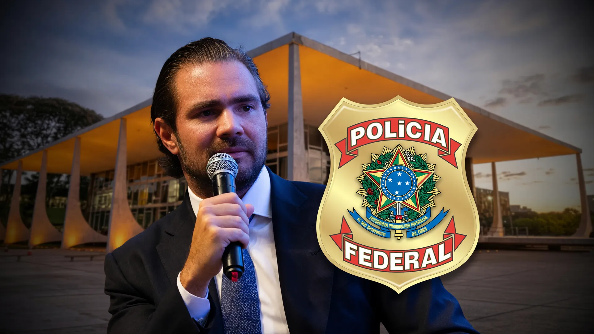 Depoimento de Daniel Vorcaro PF: empresário ao centro com brasão da Polícia Federal e STF ao fundo
