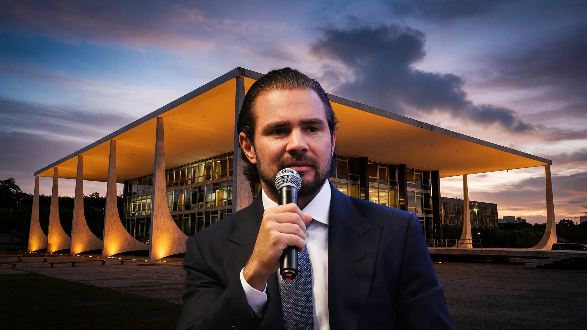 Vorcaro diante da fachada do STF ao entardecer, ilustrando o depoimento urgente de Vorcaro mantido sob sigilo