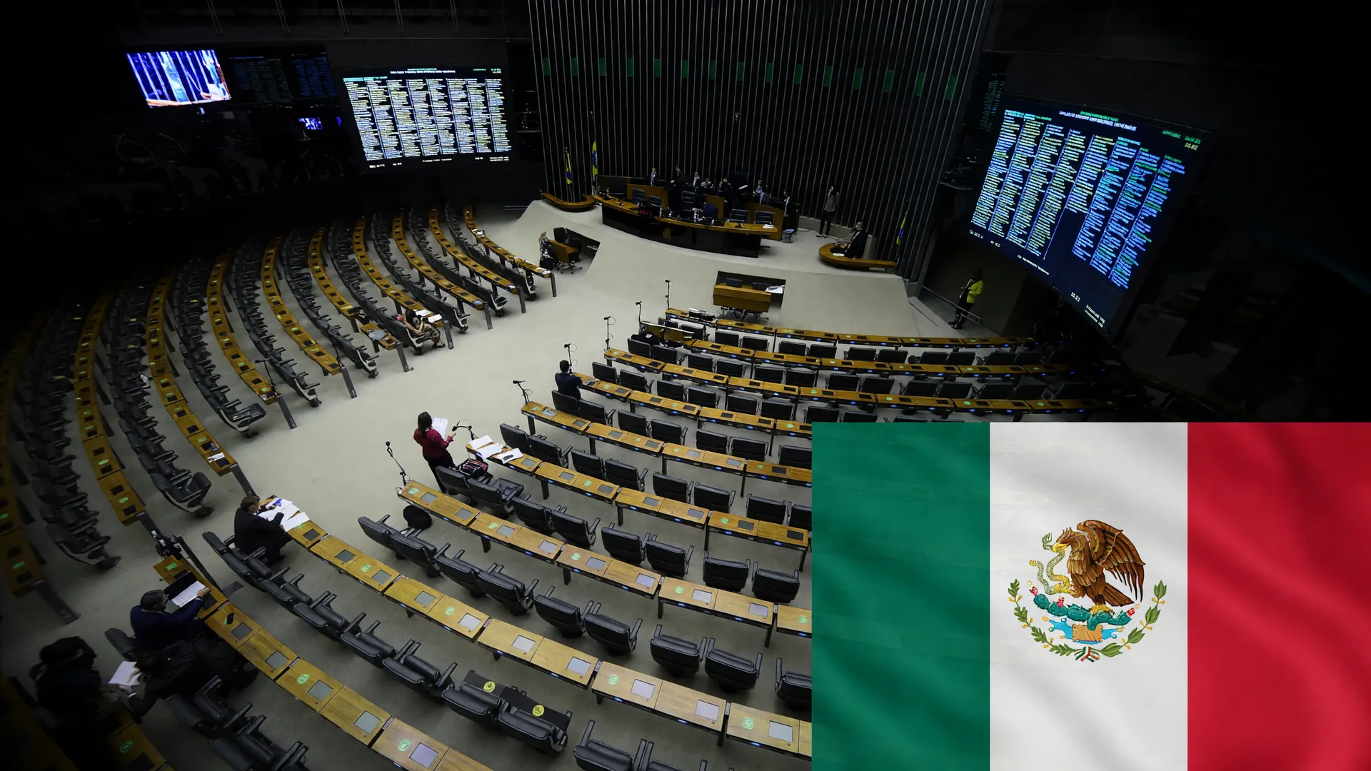 Plenário da Câmara dos Deputados e bandeira do México em composição sombria sobre o deputado federal morto a tiros
