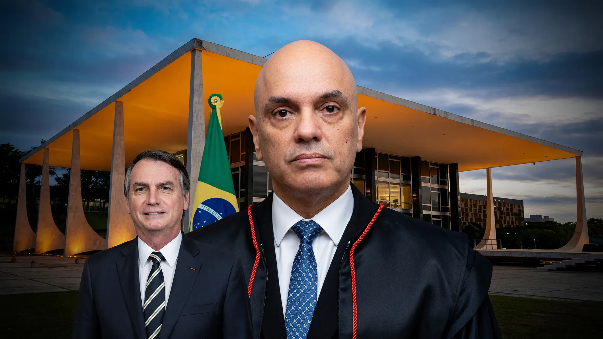 Ministro Moraes decide o destino das armas de Bolsonaro em composição editorial com fachada do STF ao fundo