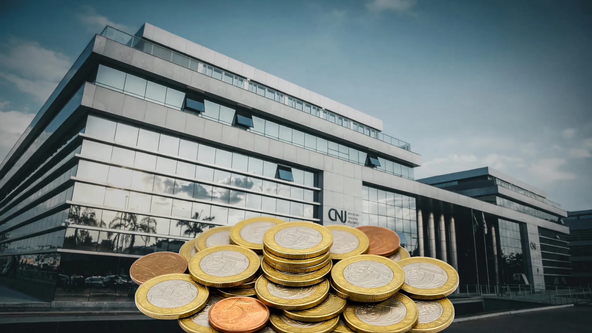 Prédio do CNJ e moedas de real ilustram a devolução de precatórios ao Tesouro Nacional