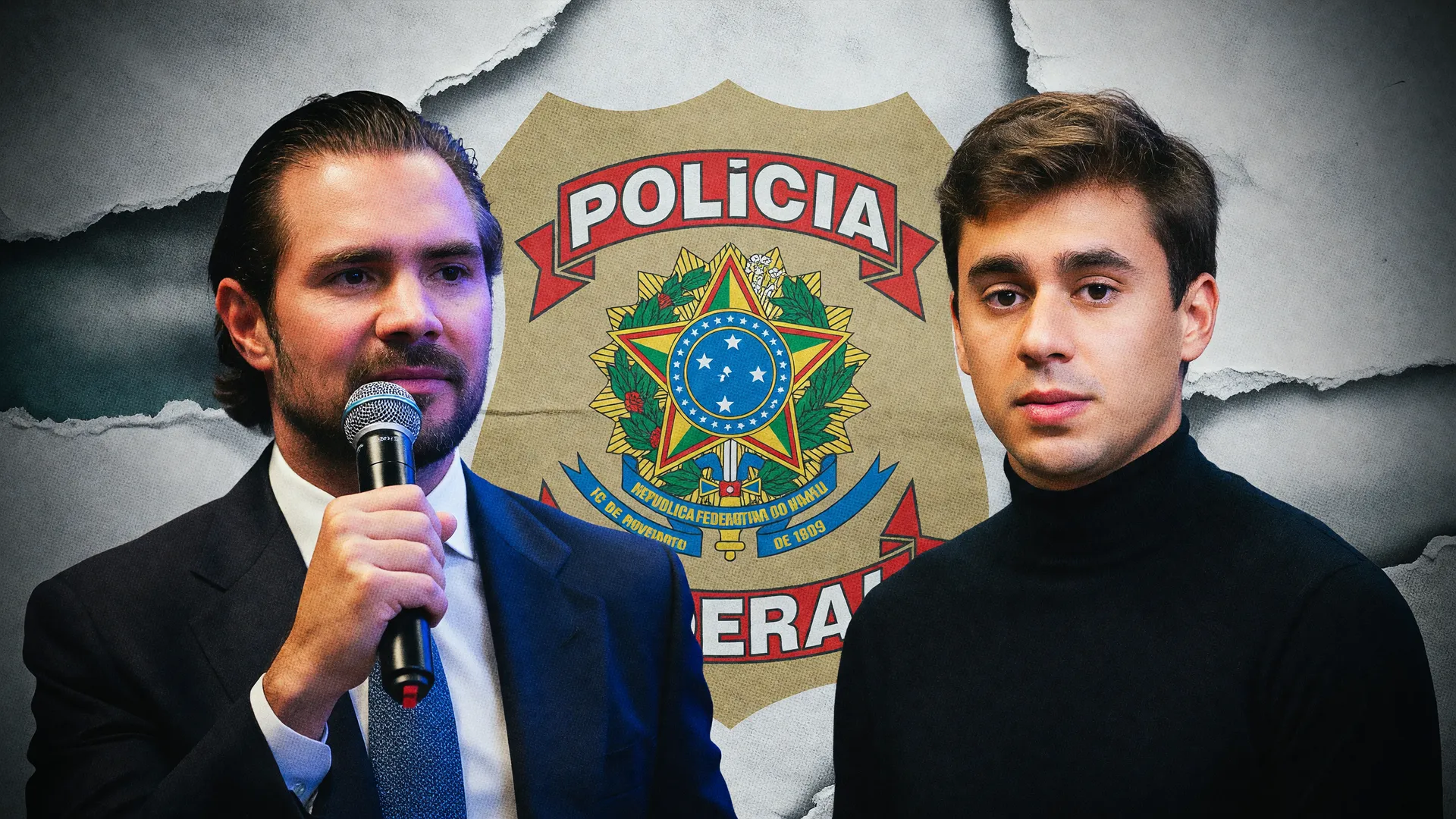 Montagem editorial sobre documento falso Vorcaro Nikolas Ferreira, com retratos dos dois e efeito de papel rasgado