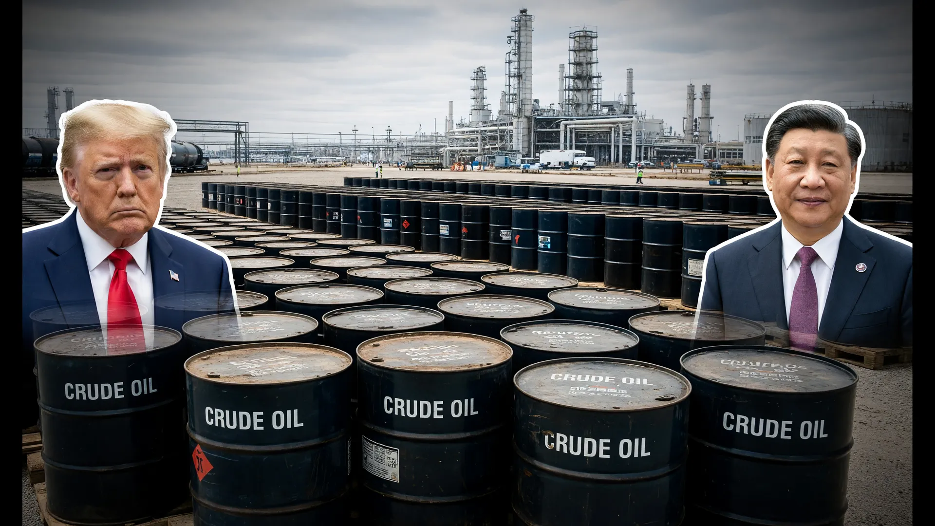 Barris de petróleo em refinaria com Trump e Xi Jinping ao fundo, contexto do dólar cai hoje petróleo