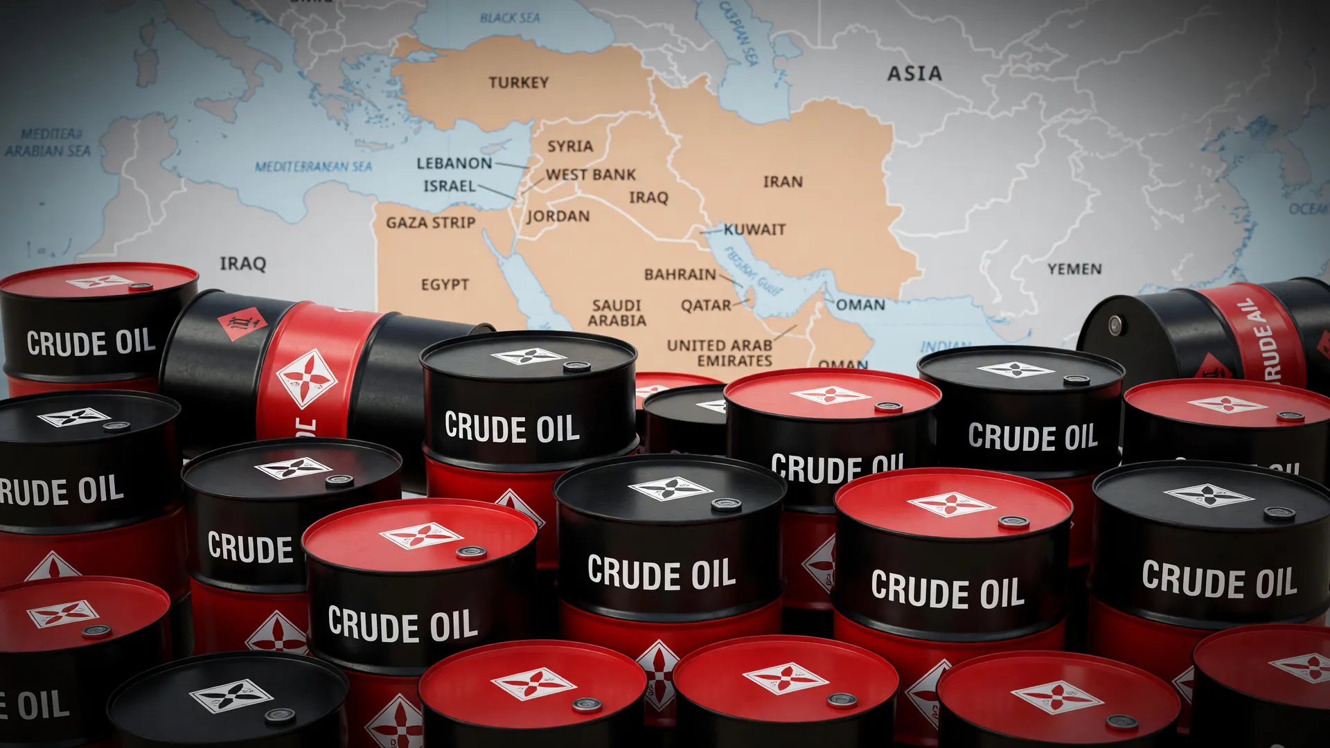 Barris de petróleo e mapa do Oriente Médio ilustram cenário onde dólar cai petróleo em alta no mercado