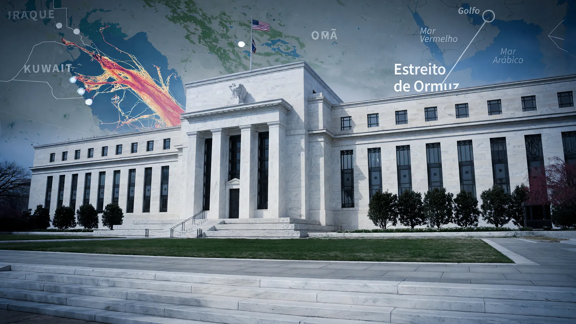 Reserva Federal dos EUA ao fundo de mapa do Estreito de Ormuz, simbolizando tensão no dólar hoje PIB segundo trimestre