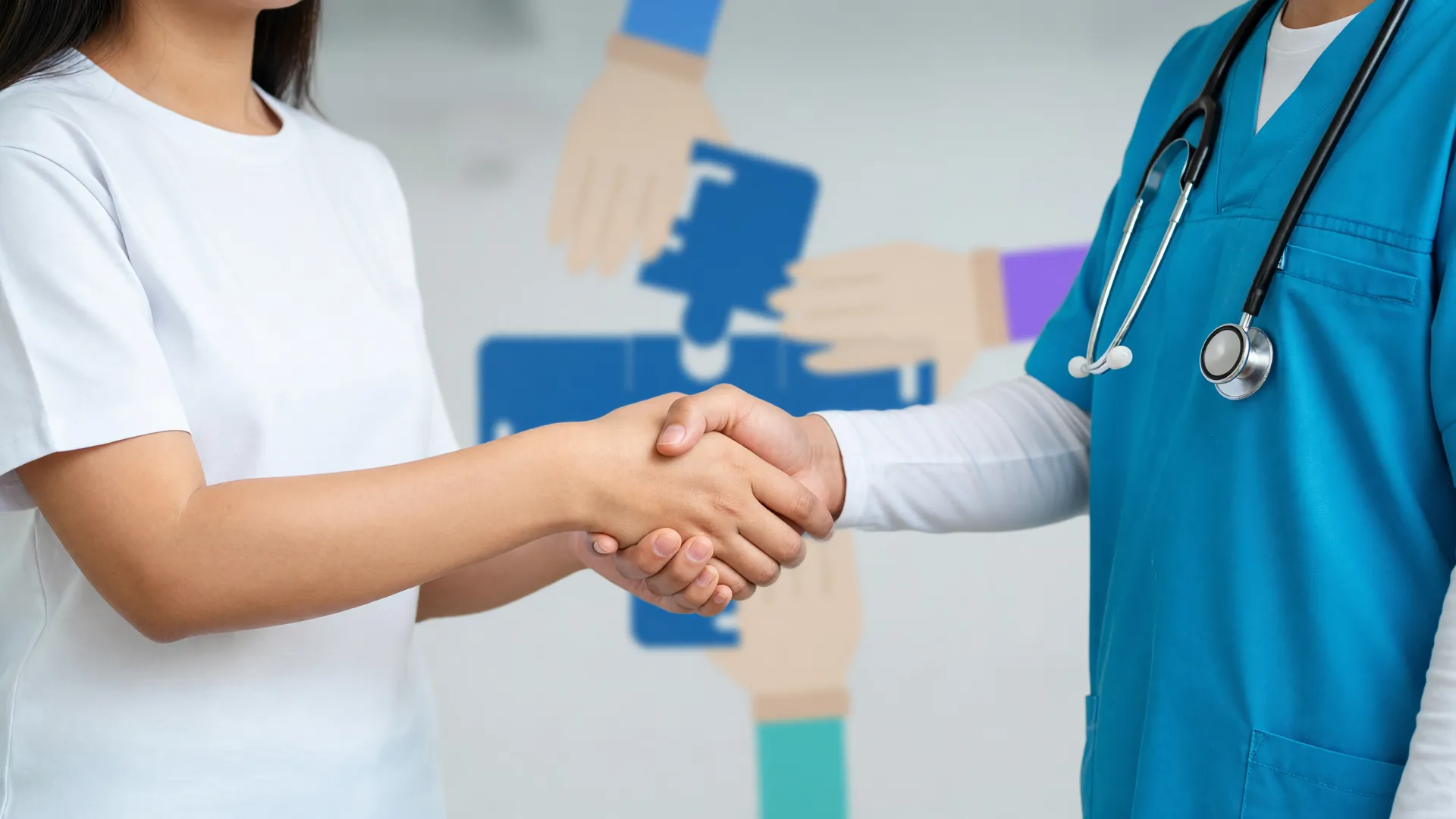 Aperto de mão entre paciente e médico simbolizando a esperança da dose única para colesterol alto por terapia genética