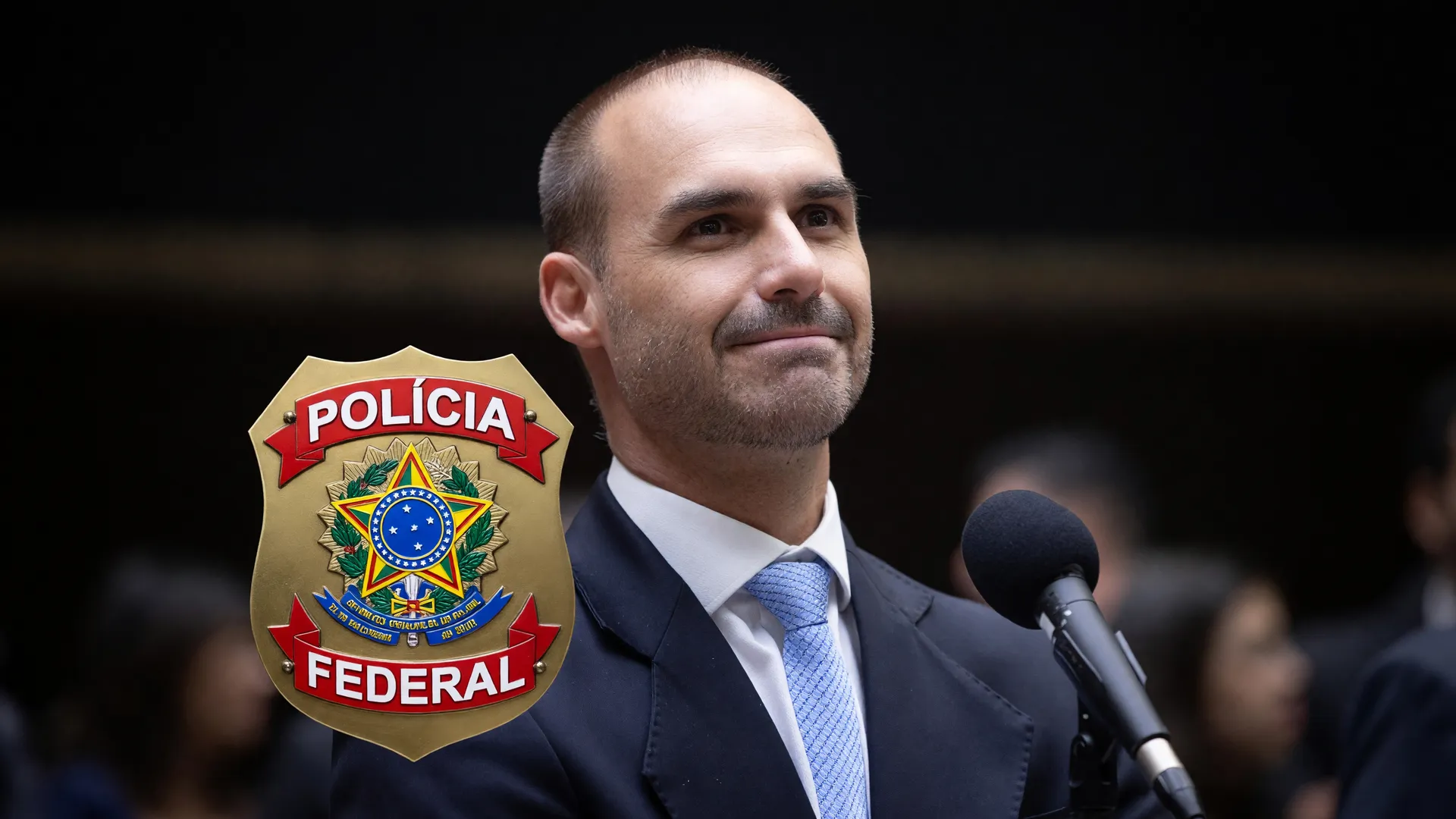 Eduardo Bolsonaro demitido da Polícia Federal — retrato oficial ao lado do distintivo da corporação
