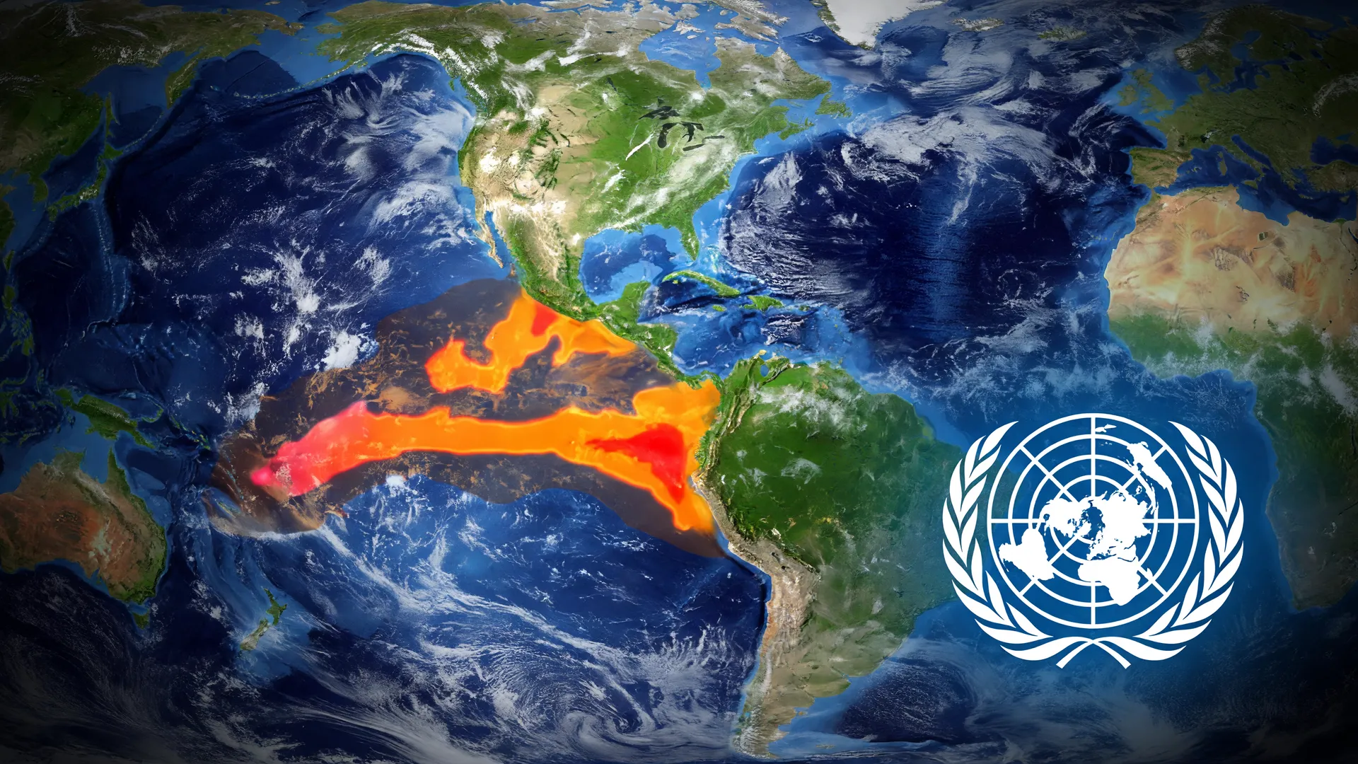 Mapa térmico do El Niño e símbolo da ONU evidenciando a crise hídrica global provocada pelo fenômeno climático