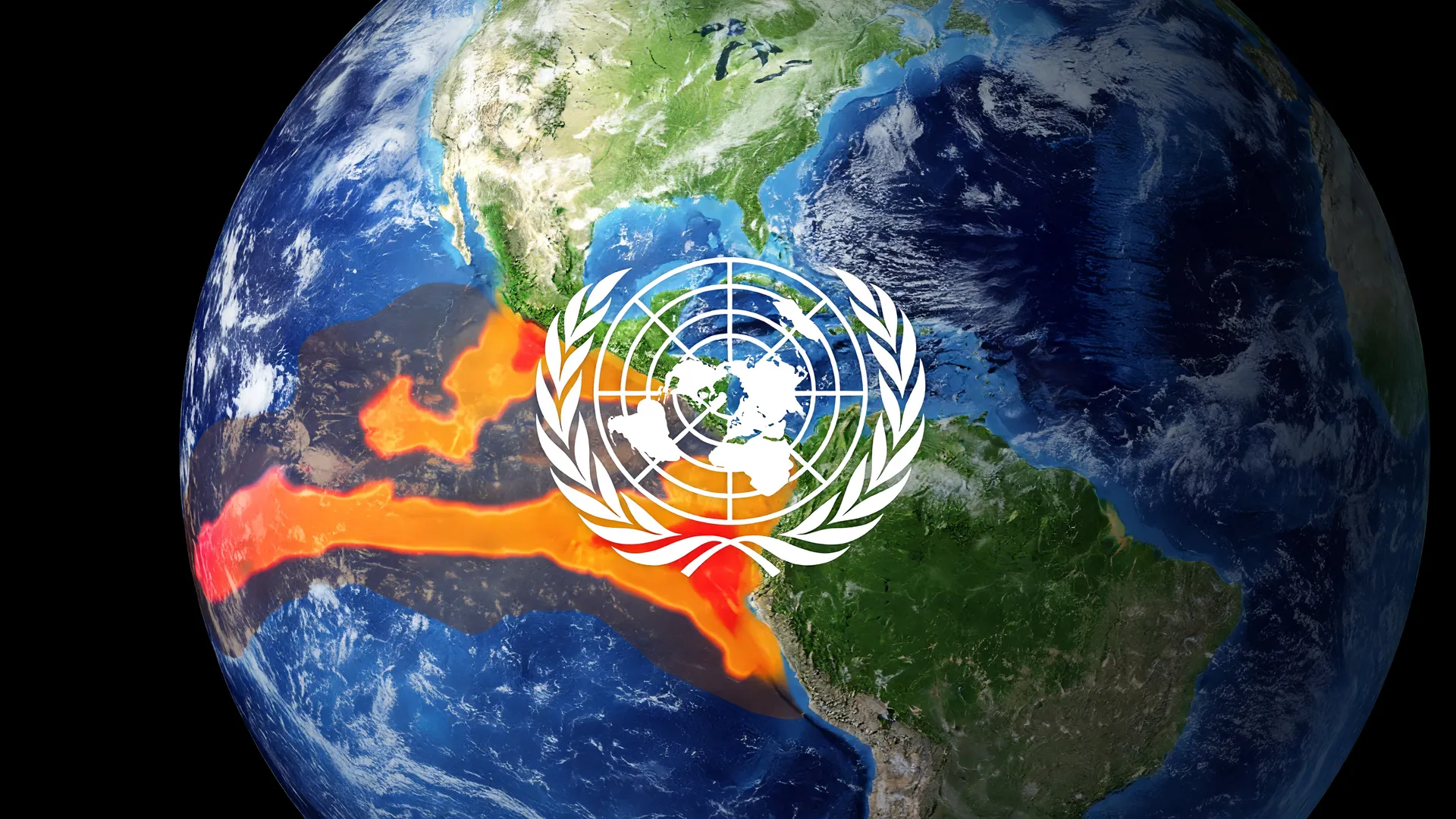 Mapa térmico do El Niño mais forte em décadas com emblema da ONU sobreposto sobre anomalias em laranja e vermelho