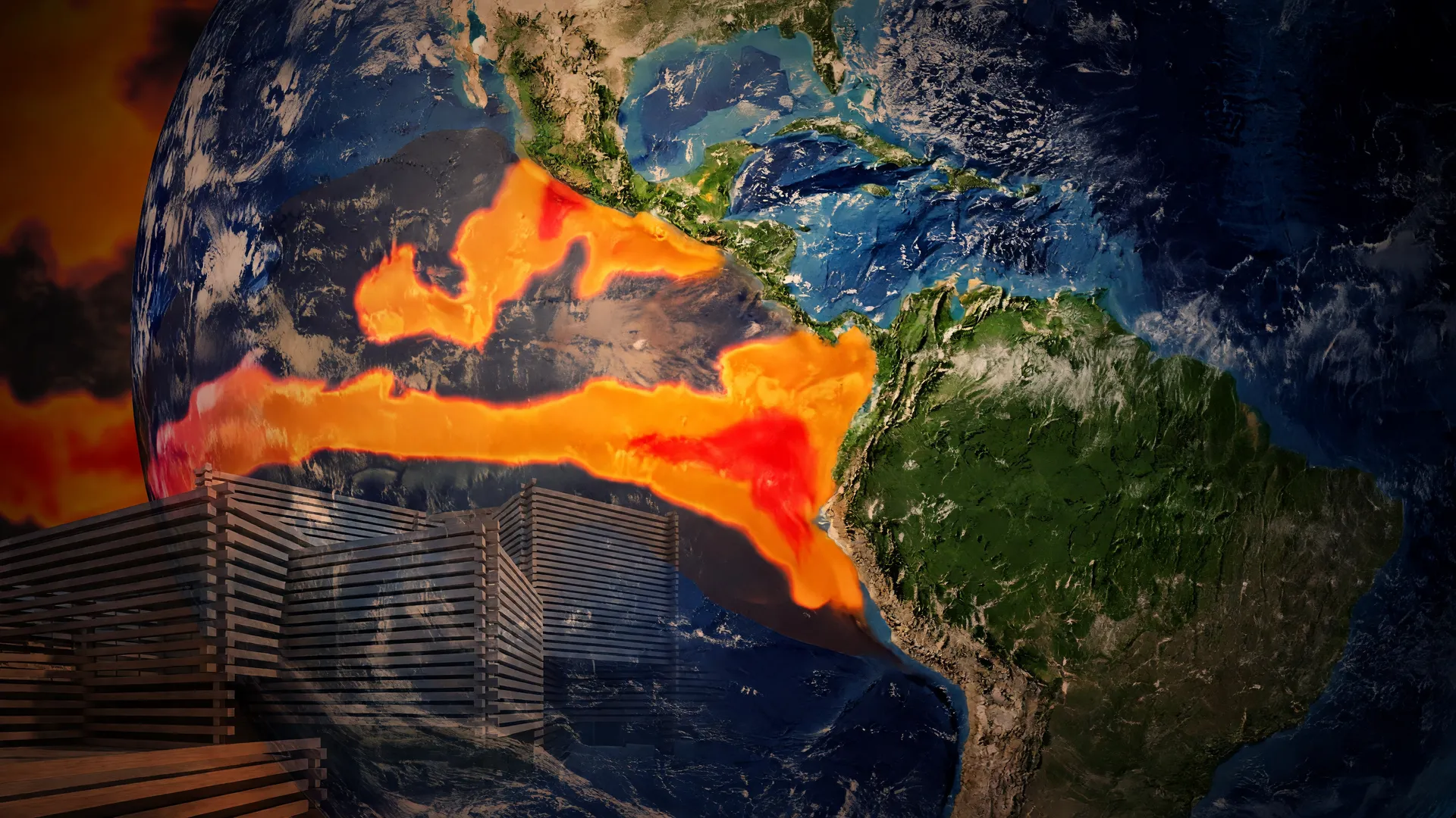 Mapa térmico mostra anomalias do El Niño muito forte 2027 em vermelho e laranja sobre o Pacífico