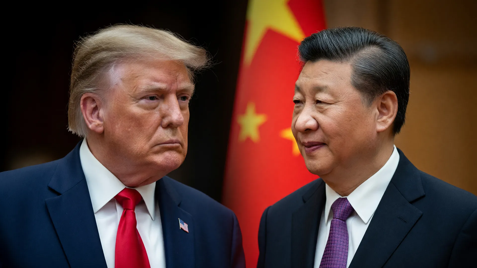 Retratos oficiais de Trump e Xi Jinping frente a frente, evocando o encontro entre Trump e Xi sobre chips e IA