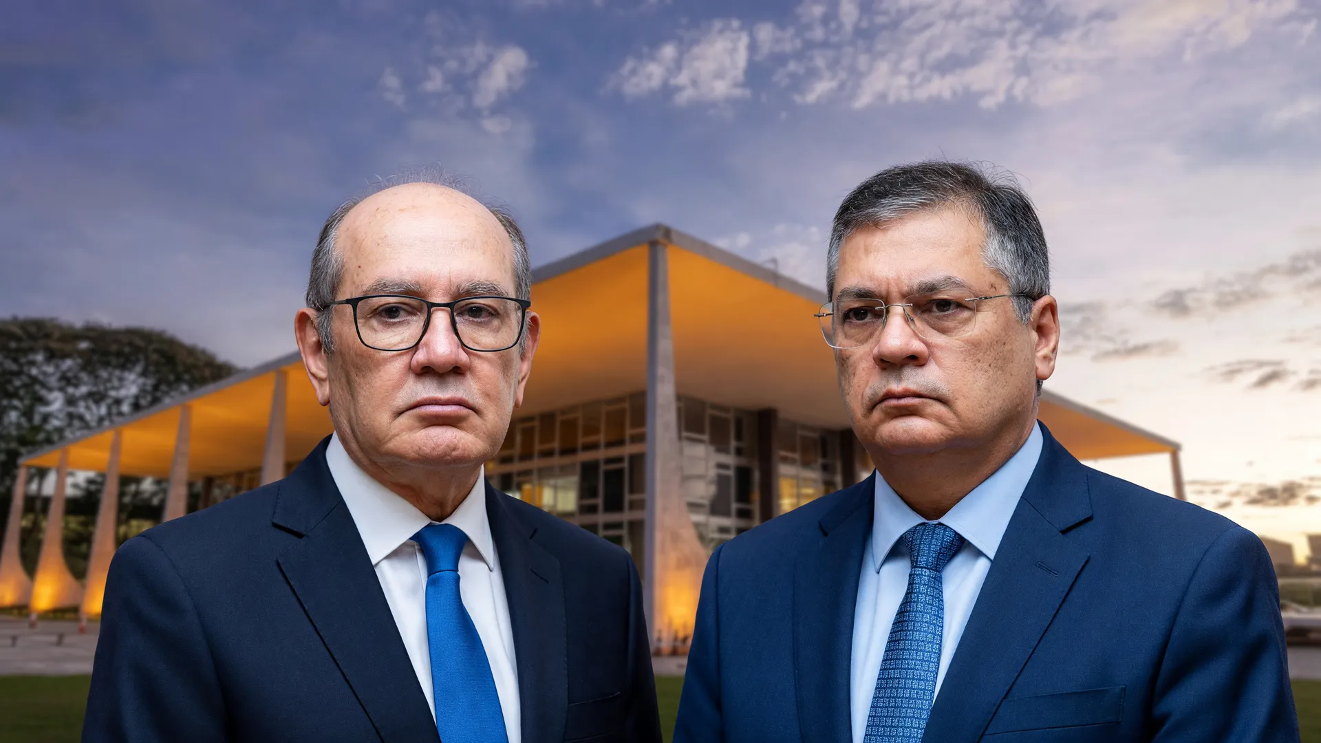 Flávio Dino e Gilmar Mendes diante da fachada do STF, remetendo à escolha de relator no STF em processos eleitorais