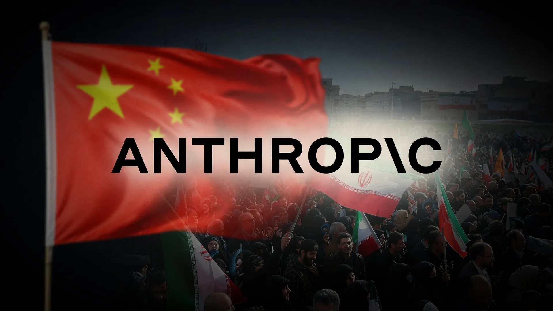 Logotipo da Anthropic com bandeiras da China e Irã ao fundo, evocando bloqueio à espionagem de dissidentes com IA