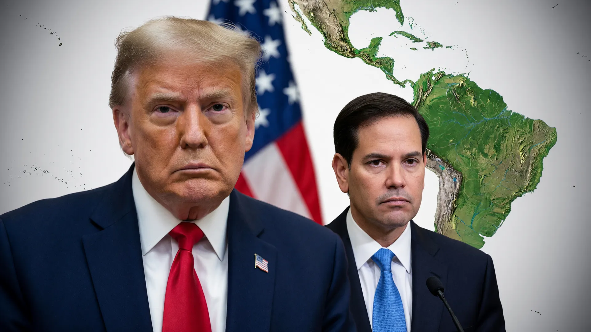 Trump e Marco Rubio com mapa da América Latina ao fundo, representando EUA ajuda militar América Latina
