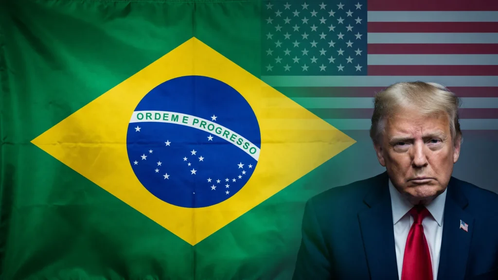 EUA ignoram Independência do Brasil: bandeira verde e amarela em destaque, com Trump e bandeira americana ao fundo