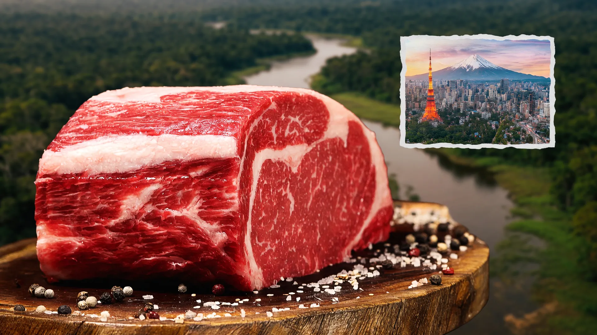 Carne bovina em destaque com floresta amazônica e skyline de Tóquio ao fundo, simbolizando exportação de carne da Amazônia