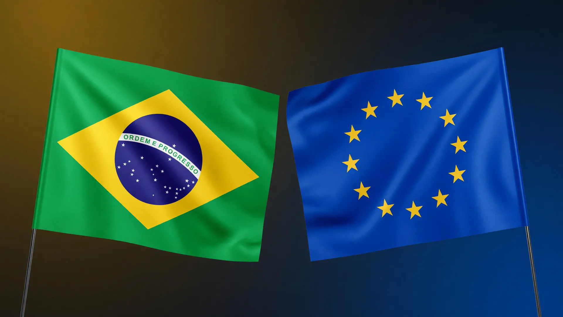 Bandeiras do Brasil e da União Europeia simbolizando a retomada da exportação de mel e aves entre os países