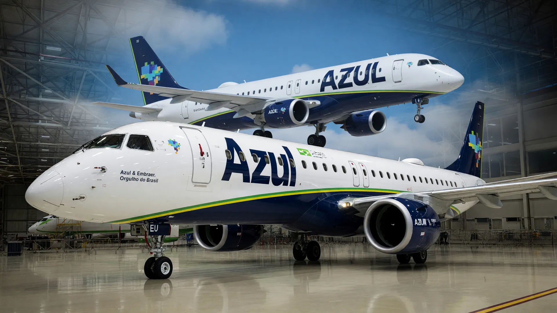 Avião Embraer E195-E2 da Azul em hangar, ilustrando falha de GPS aviões Embraer que cancelou voos no Brasil