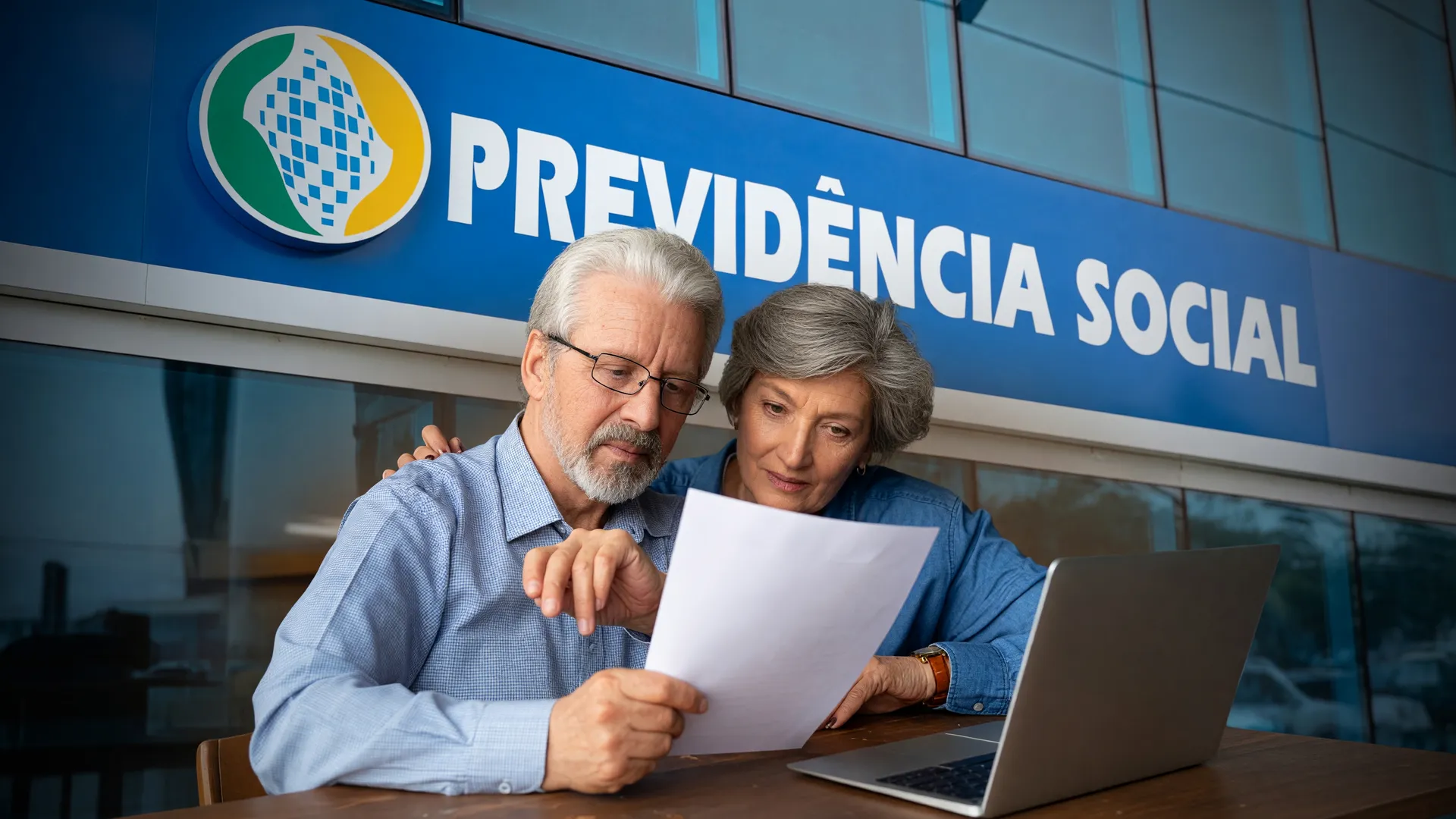 Aposentado analisa documentos com prédio do INSS ao fundo, simbolizando a promessa do fim da fila do INSS