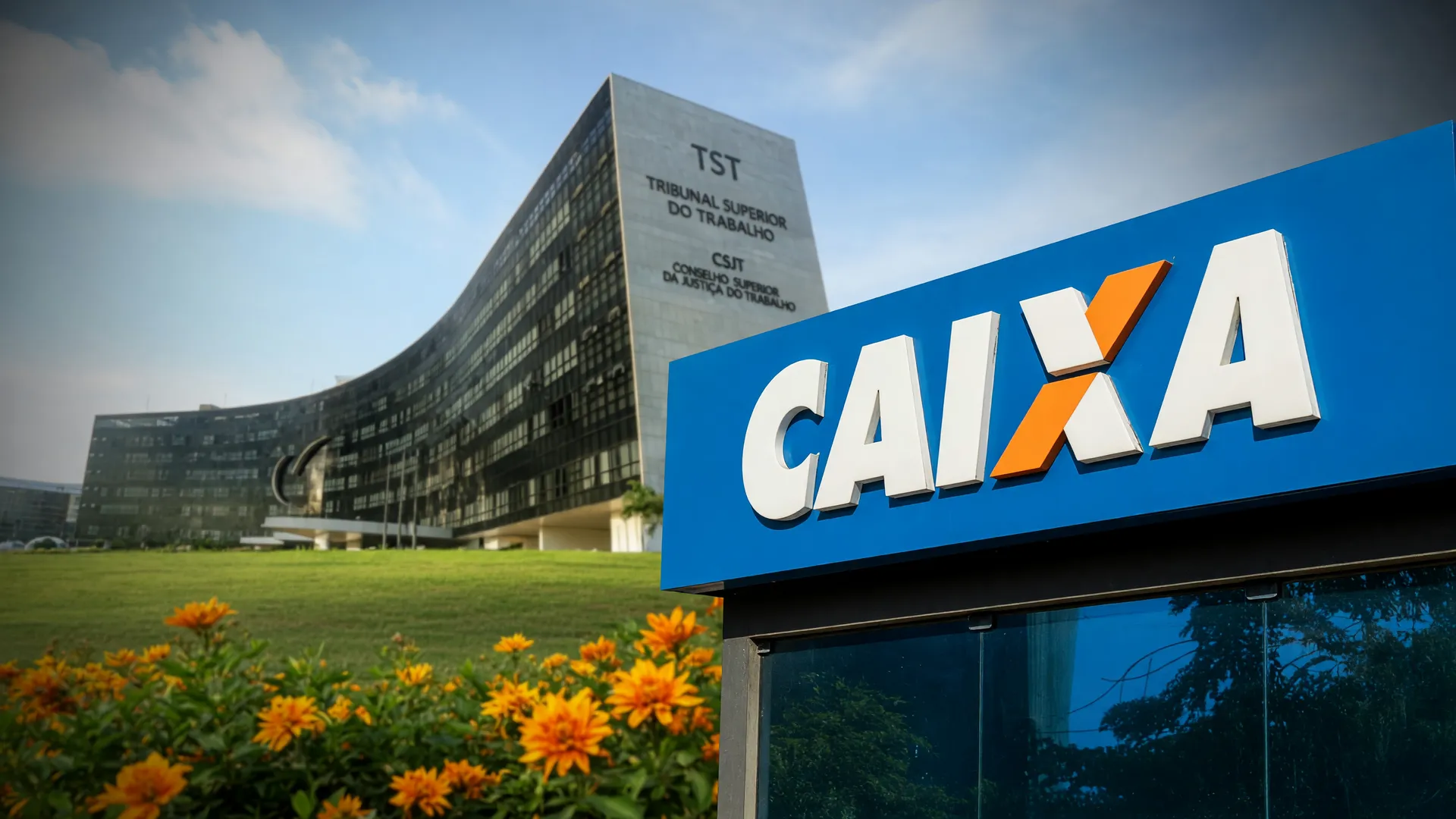 Sede do TST e agência da Caixa ilustram o fim da greve na Caixa após decisão judicial sobre reajuste salarial.