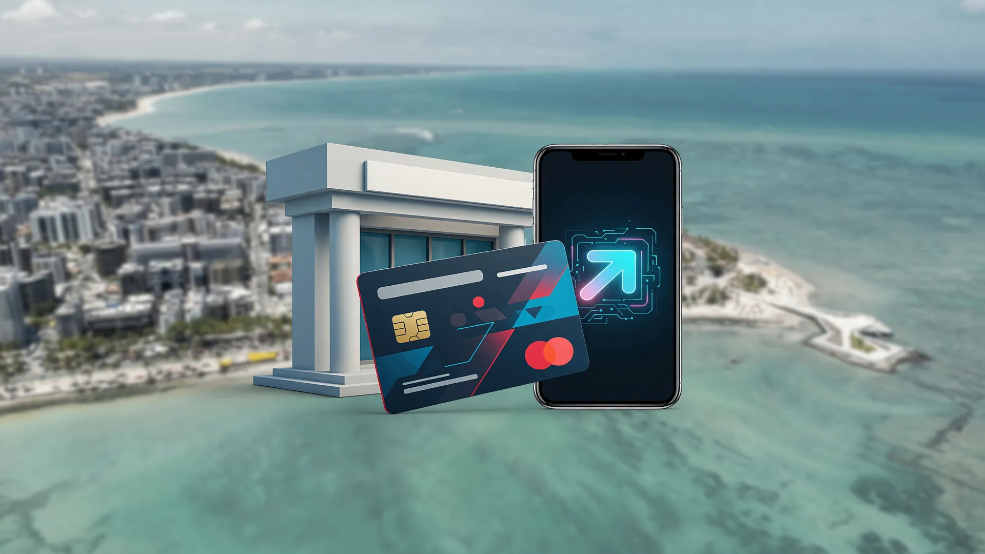 Ilustração simbólica sobre fiscalização do Pix e cartão de crédito, com prédio bancário e skyline de Maceió ao fundo