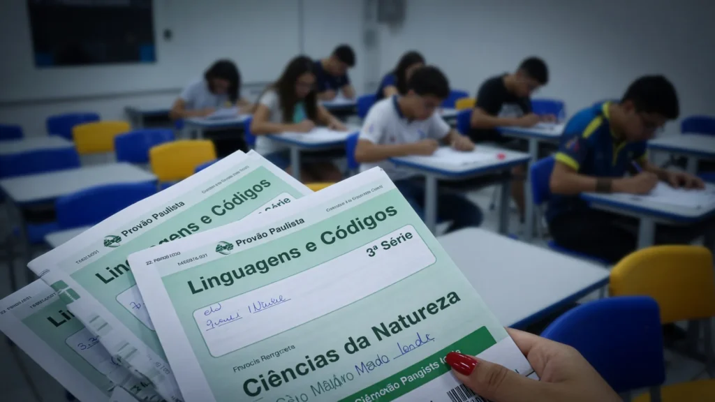 Cadernos do Provão Paulista sobre mesa com iluminação dramática, aludindo à fraude no Provão Paulista.