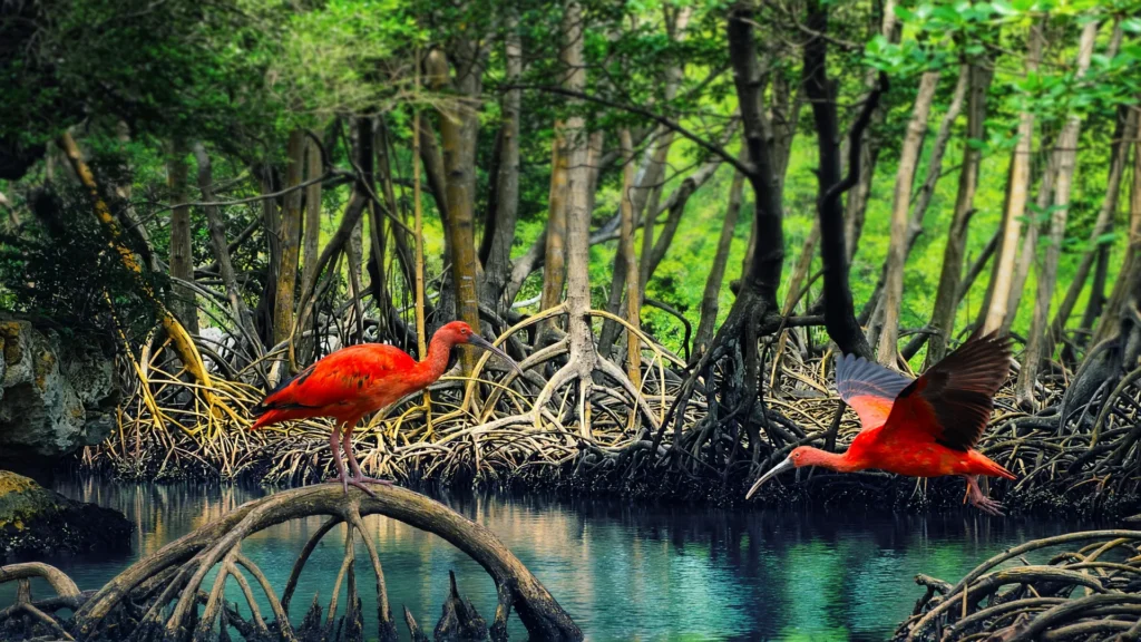 Guarás manguezais Recôncavo Baiano: aves escarlates entre raízes aéreas e água turquesa do estuário