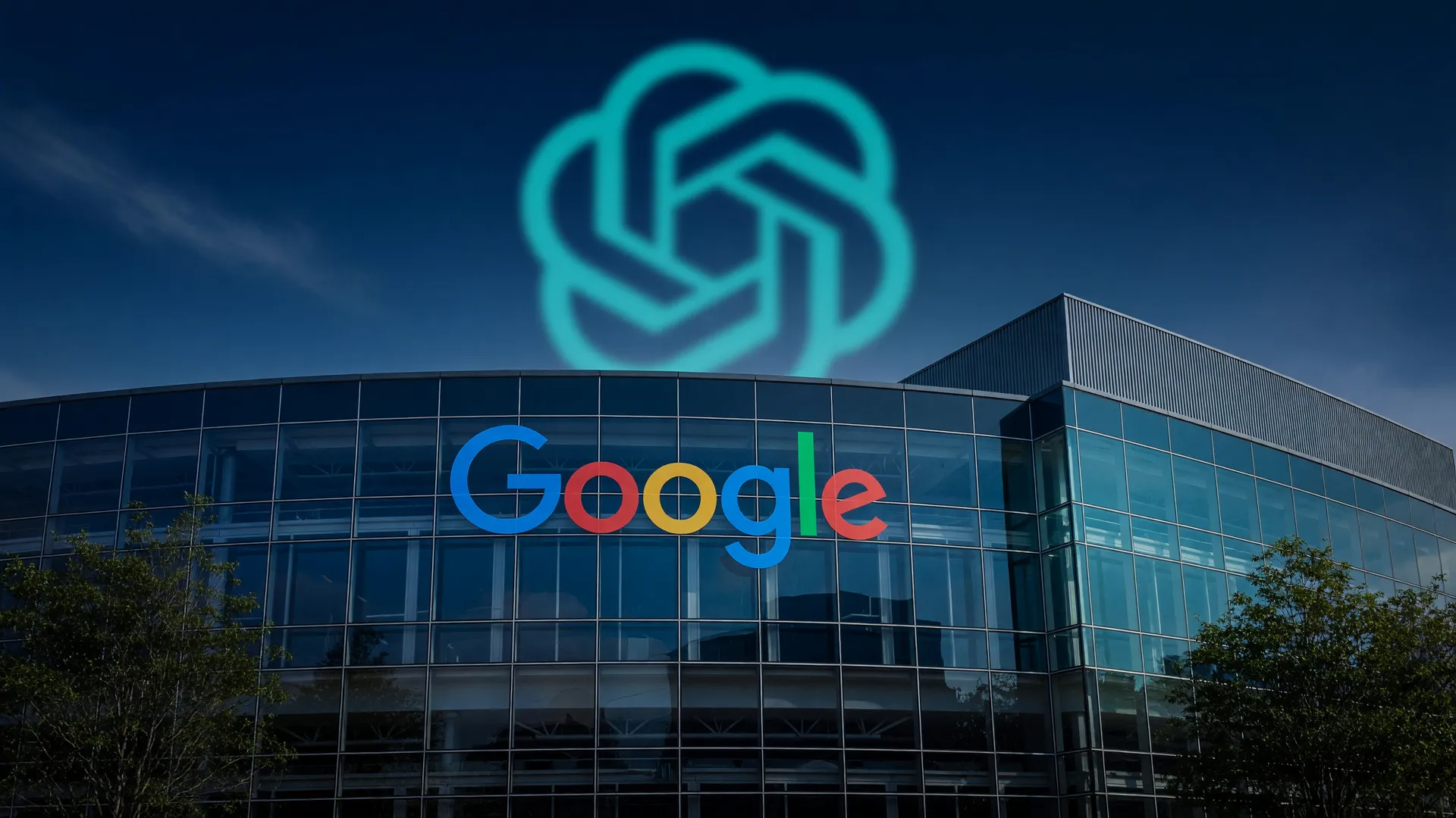 Fachada corporativa do Google em composição sombria que ilustra como a IA do Google invade sistemas em testes