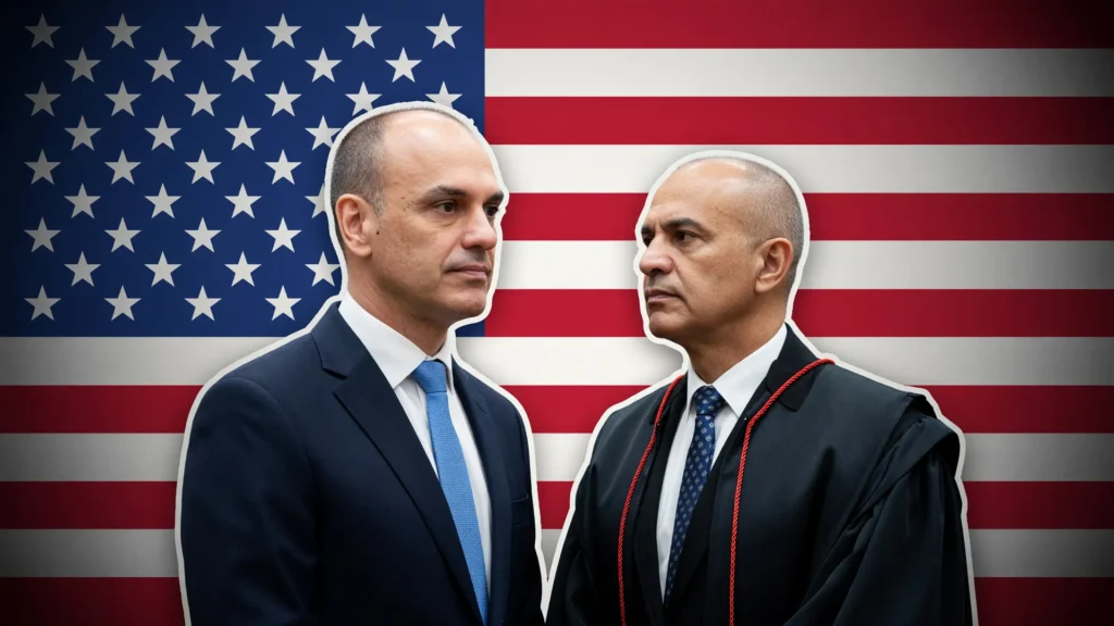 Bandeira dos EUA simboliza interferência americana na eleição brasileira com Eduardo Bolsonaro e Alexandre de Moraes