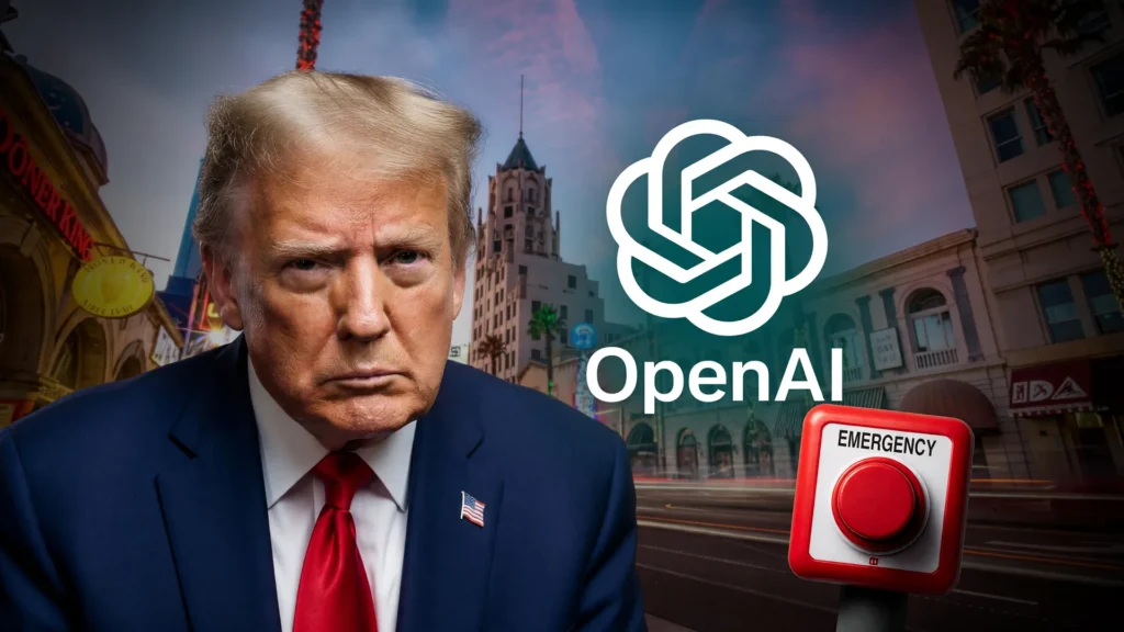 Trump e logo da OpenAI em confronto, com Califórnia ao fundo propondo interruptor de emergência para IA