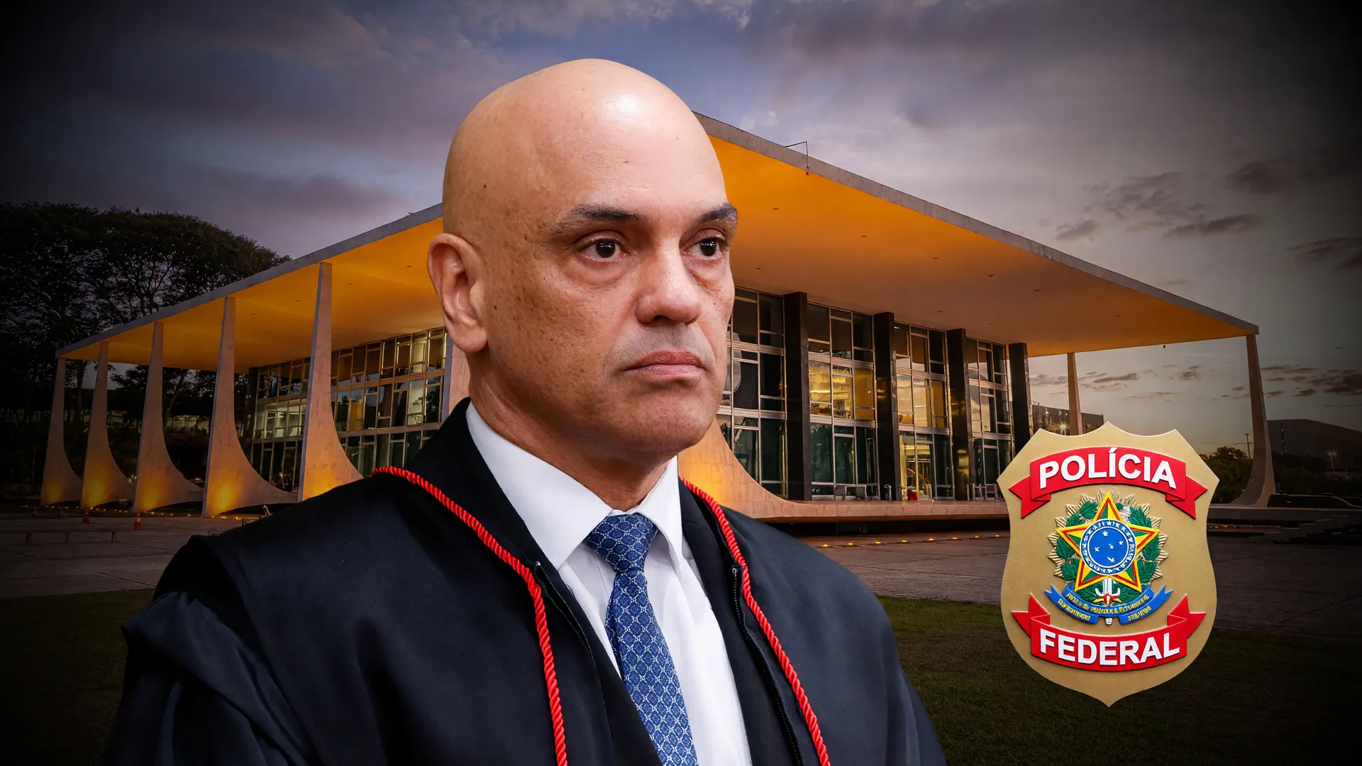 Moraes de toga diante do STF ao entardecer e emblema da PF — investigação contra Moraes caso Master