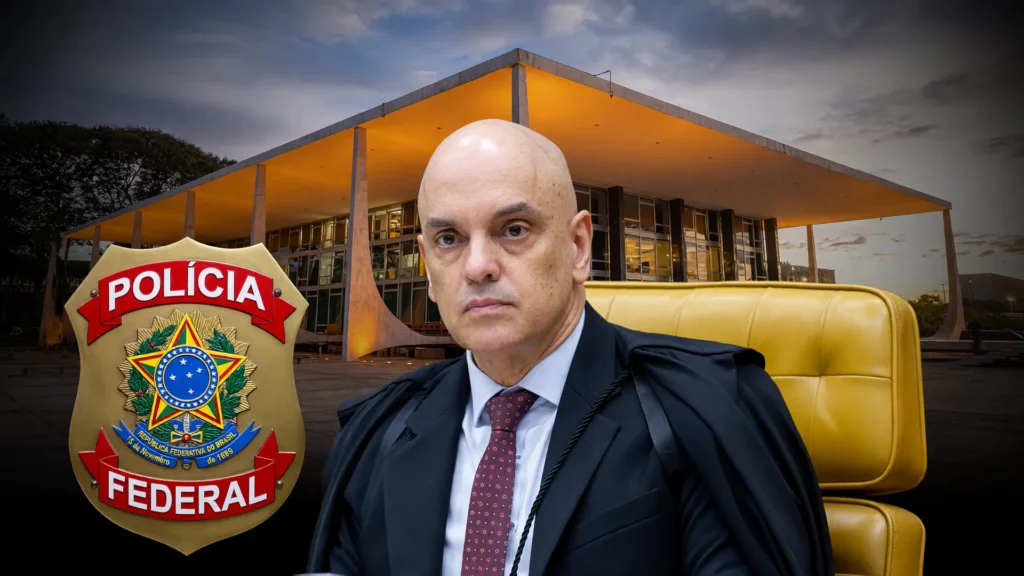 Moraes na cadeira do STF sob fachada ao entardecer e emblema da Polícia Federal — investigação contra Moraes no STF