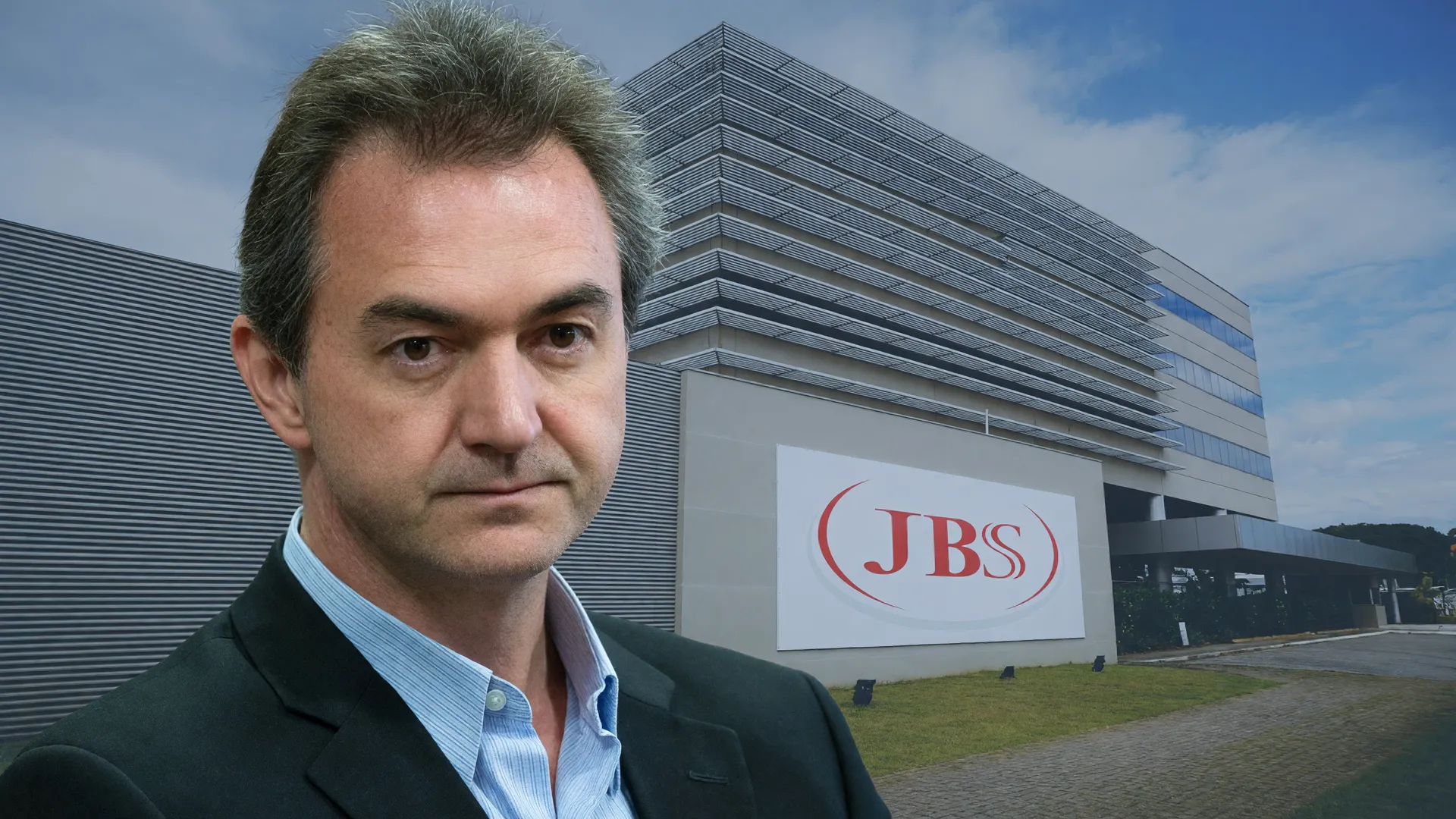 Joesley e Wesley Batista compram Avibras: retrato de Joesley Batista em primeiro plano com fábrica JBS ao fundo