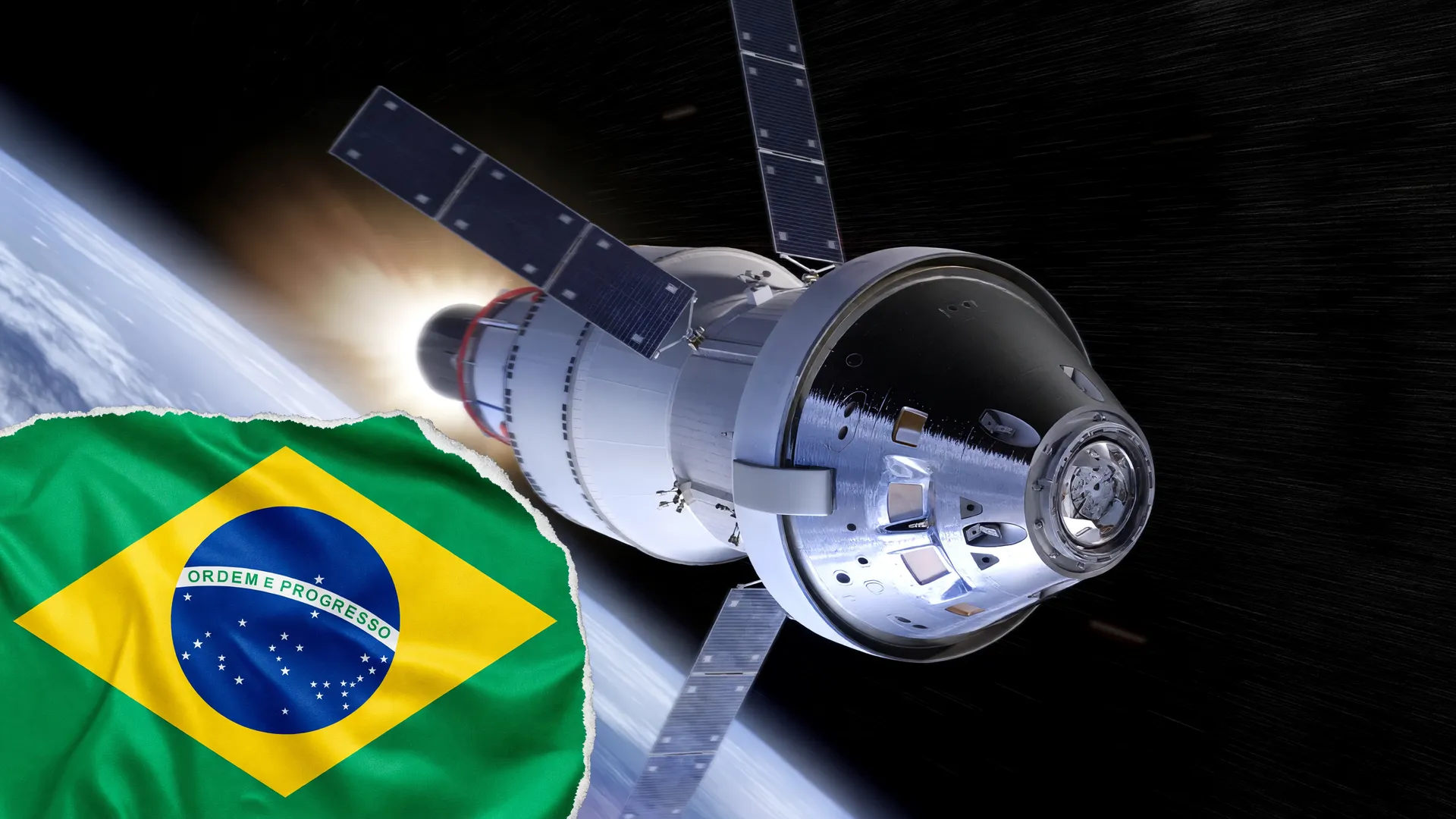 Laboratório espacial brasileiro paraquedas: nave Orion em órbita com Terra ao fundo e bandeira do Brasil