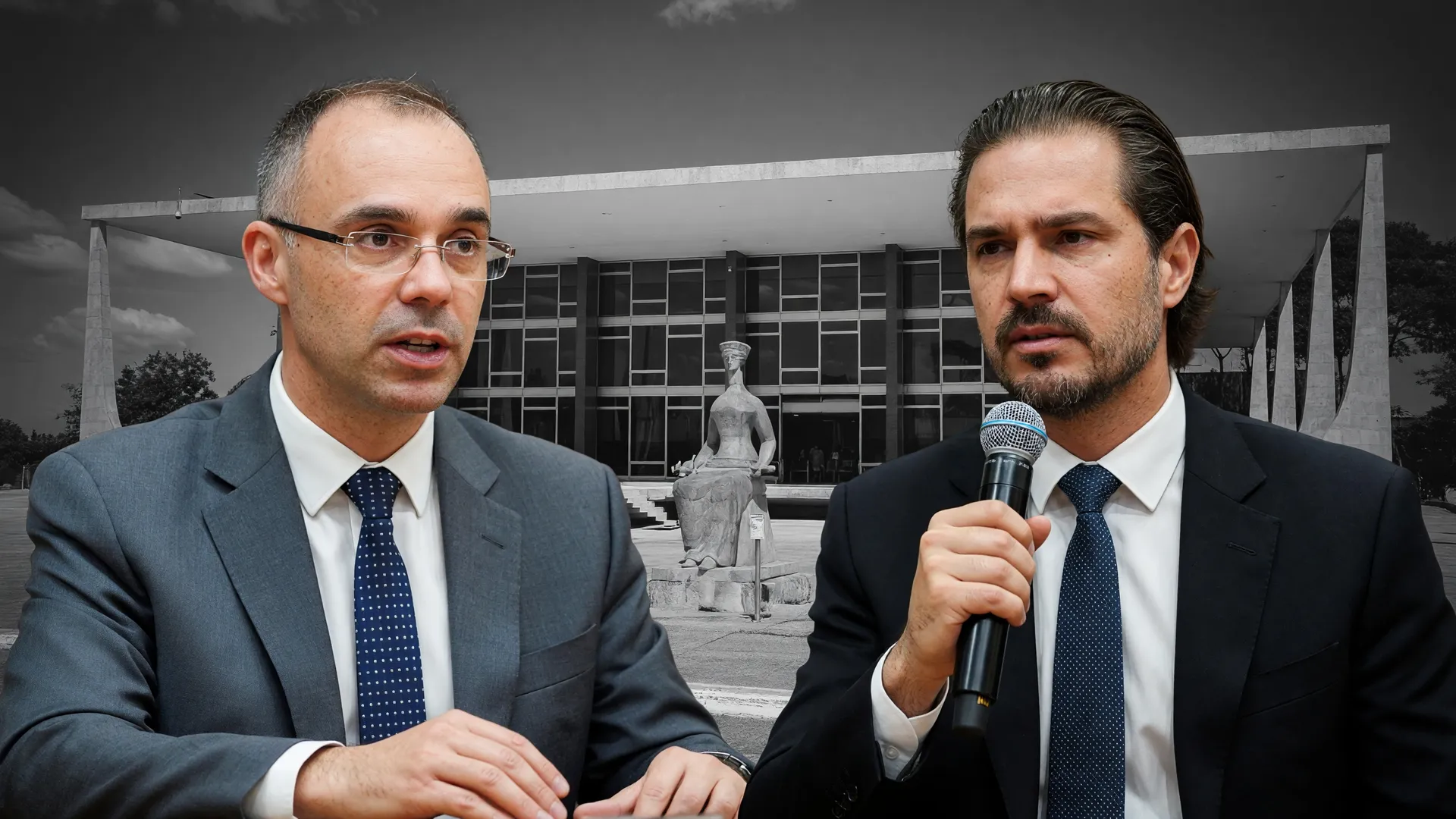 André Mendonça e Daniel Vorcaro em composição editorial sobre o leilão da mansão de Vorcaro