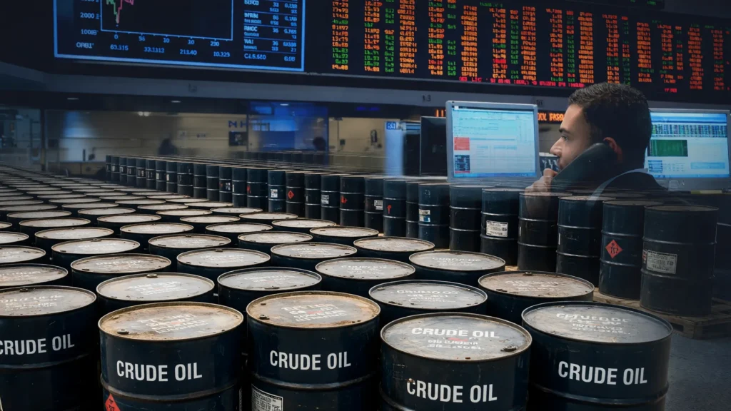 Barris de petróleo com painel da B3 ao fundo, representando os leilões de blocos de petróleo no Brasil