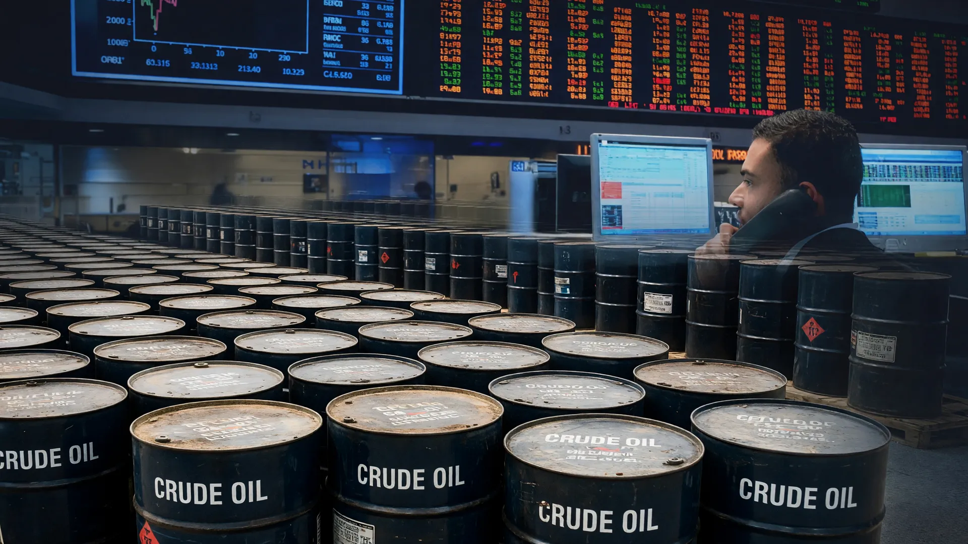 Barris de petróleo com painel da B3 ao fundo, representando os leilões de blocos de petróleo no Brasil
