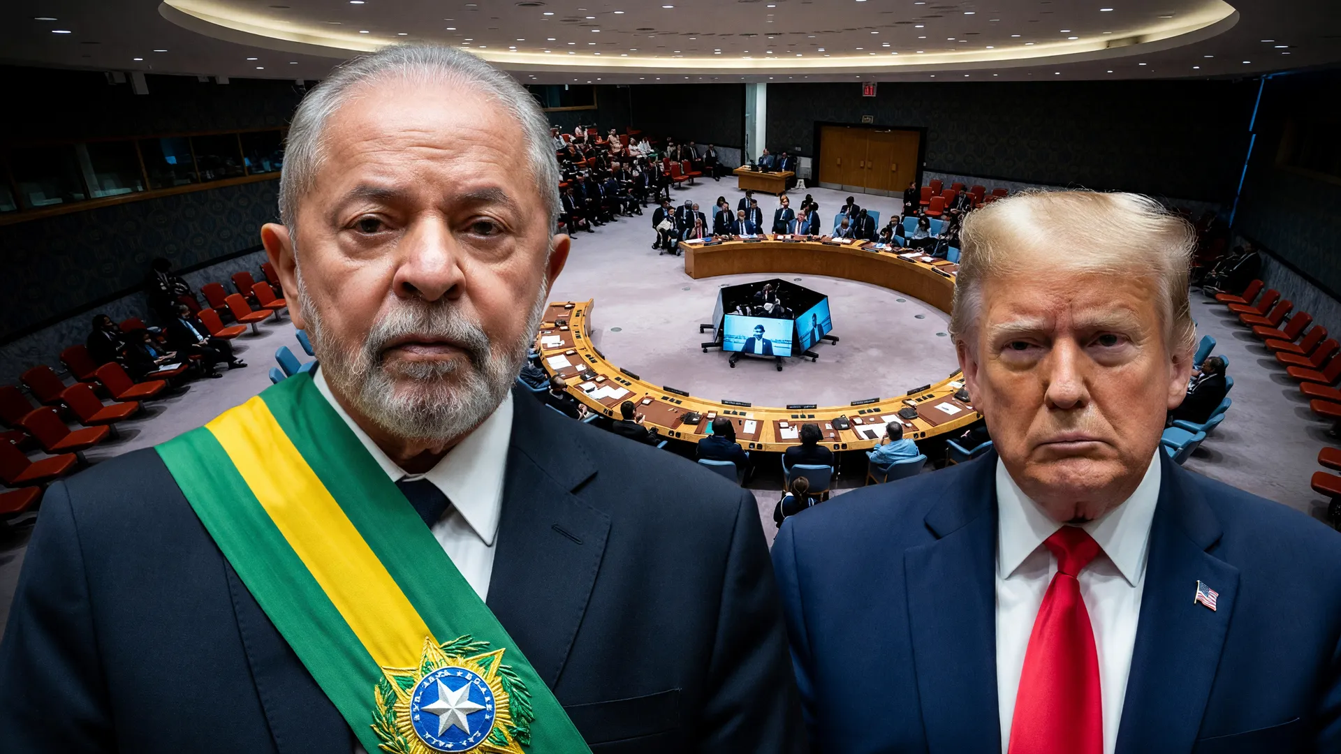 Lula com faixa presidencial e Trump ao fundo da sala da ONU; Lula lança aliança pelo multilateralismo