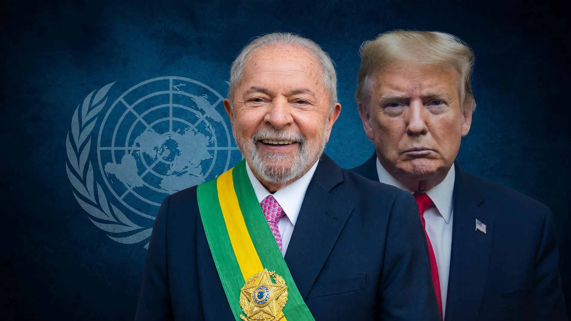 Lula em reunião com prefeito de Nova York e Trump, representado em colagem editorial com emblema da ONU