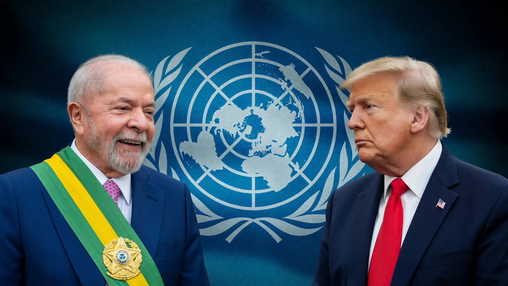 Lula viagem Nova York ONU: retratos de Lula e Trump em montagem com emblema da ONU ao fundo