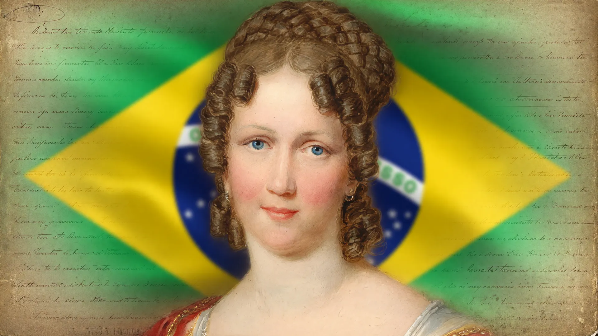 Maria Leopoldina, protagonista da independência do Brasil, em retrato histórico com a bandeira nacional ao fundo