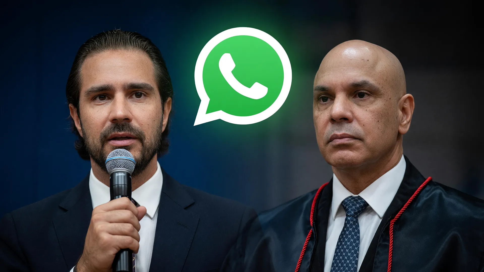Montagem editorial com Daniel Vorcaro, Alexandre de Moraes e ícone do WhatsApp, aludindo às mensagens de Vorcaro a Moraes
