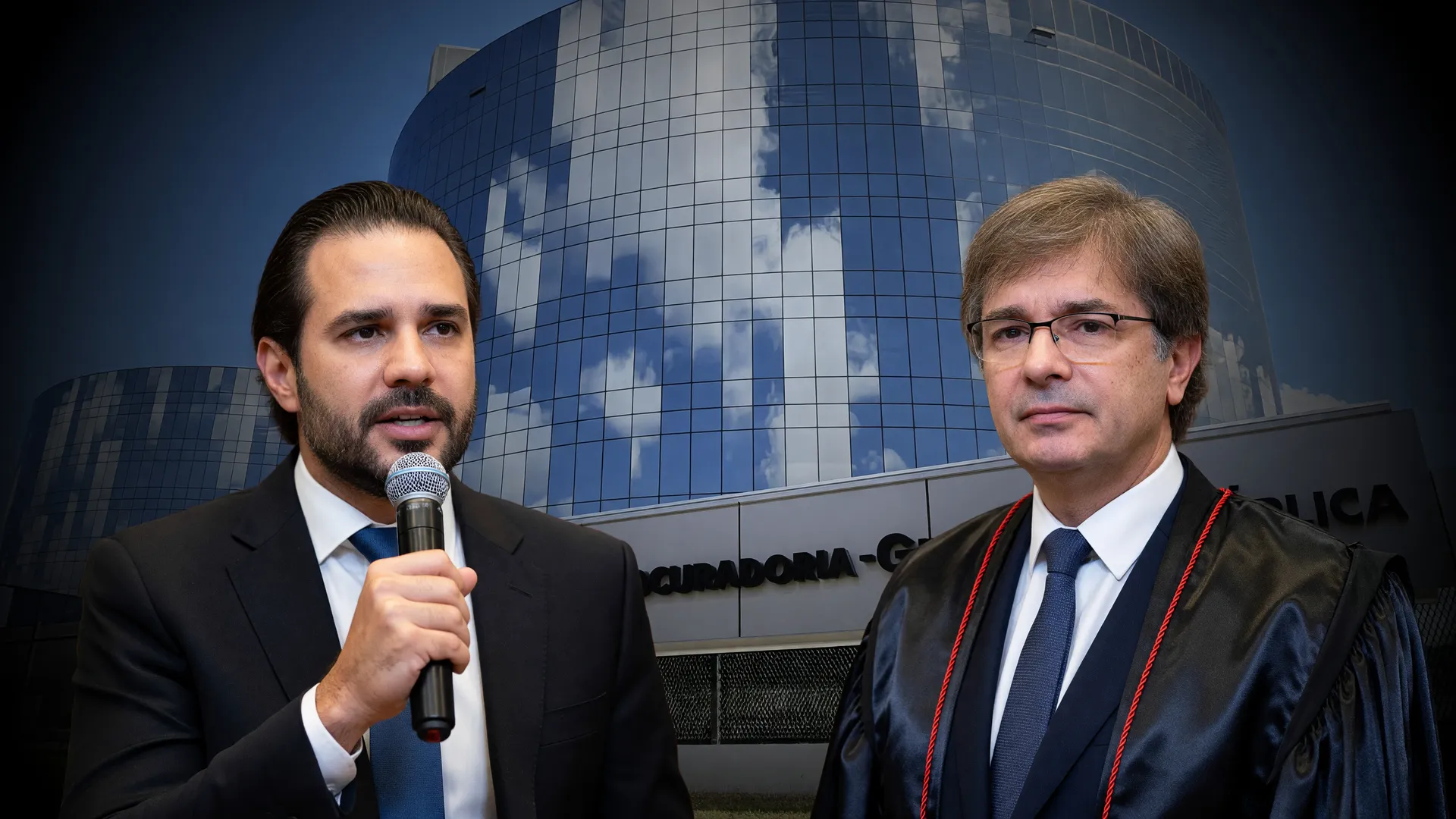 Daniel Vorcaro e Paulo Gonet com a sede da PGR ao fundo; as mensagens de Vorcaro citam Gonet em meio a crise institucional