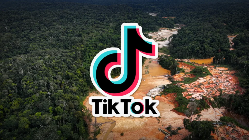 Logotipo do TikTok sobre rio amazônico poluído, símbolo do comércio de mercúrio para garimpo no TikTok