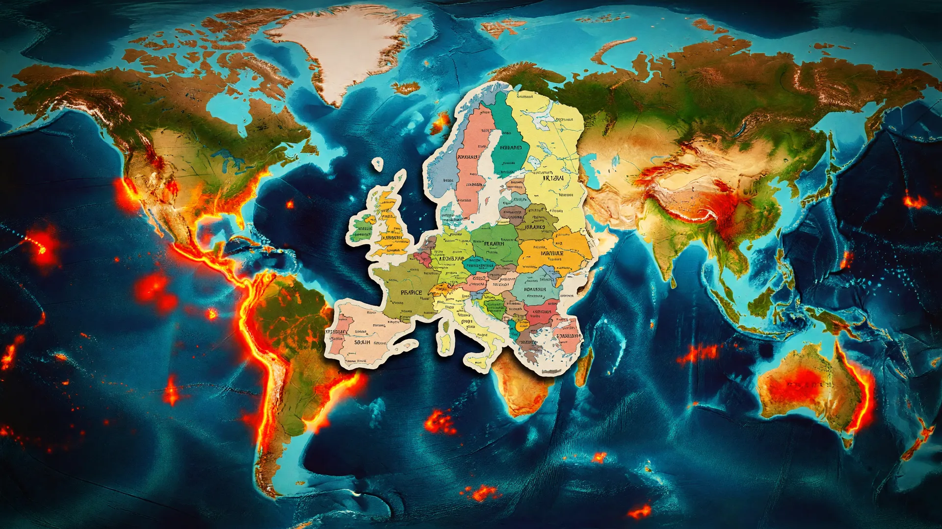 Mapa térmico global em tons de vermelho e laranja representando o mês mais quente já registrado, com destaque para a Europa