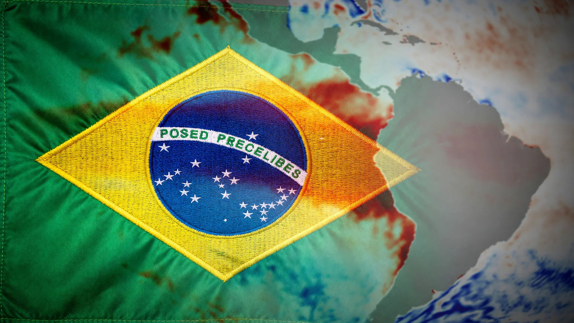 Bandeira do Brasil sobre mapa térmico do El Niño, simbolizando mortes por calor El Niño no país