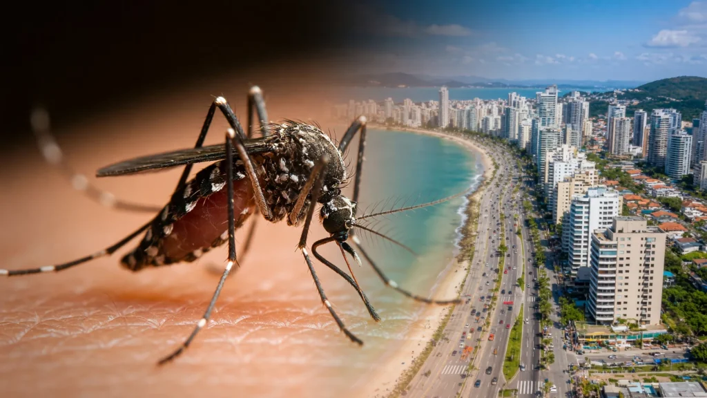 Aedes aegypti sobre pele humana; ao fundo, cidade litorânea — símbolo das mudanças climáticas e vírus no Brasil